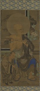 अरहत (हंडाका सोनजा - पंथाका) बैठा; एक शिष्य कमल के साथ खिलता है, उसके दाईं ओर, नानबोकोचो अवधि, 14 वीं शताब्दी के मध्य में (रेशम पर स्याही और रंग) द्वारा Ryozen